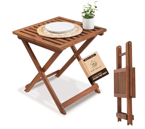 Acacia wood folding side table shown open and folded