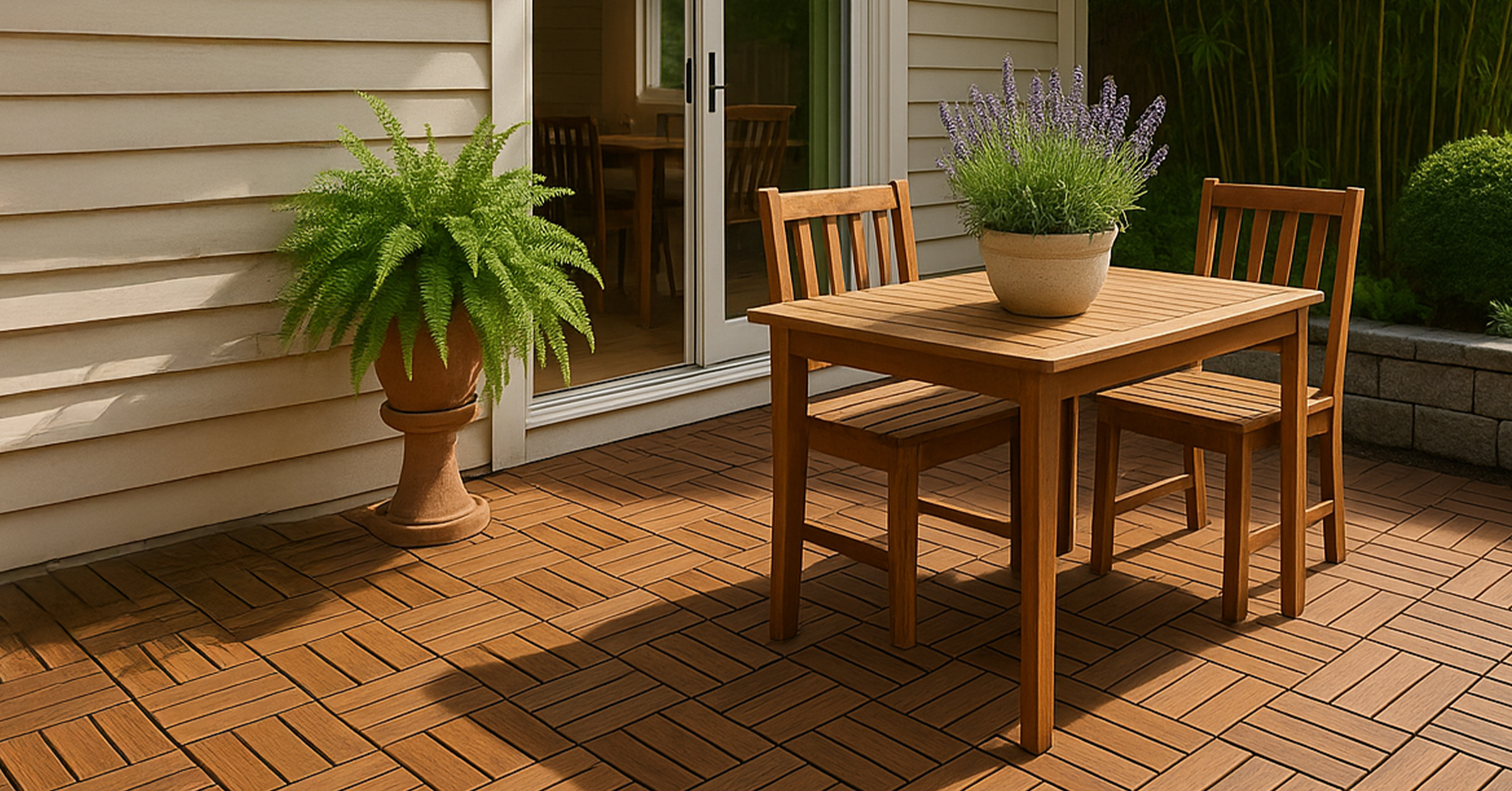 Acacia deck tiles on an outdoor dining patio