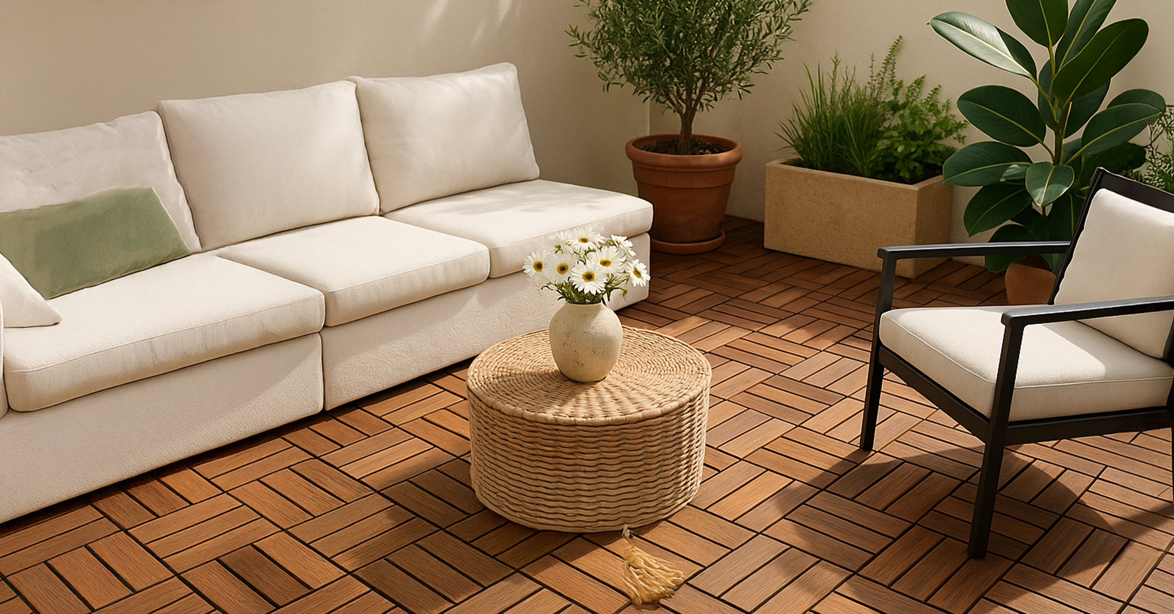 Acacia deck tiles on a patio with sofa setup
